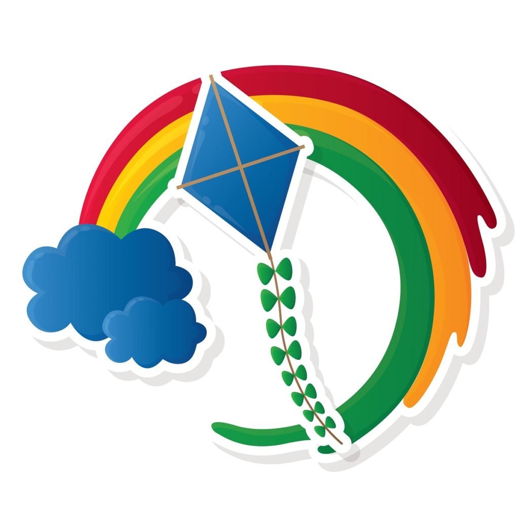 illustration of a kite with a cloud and rainbow